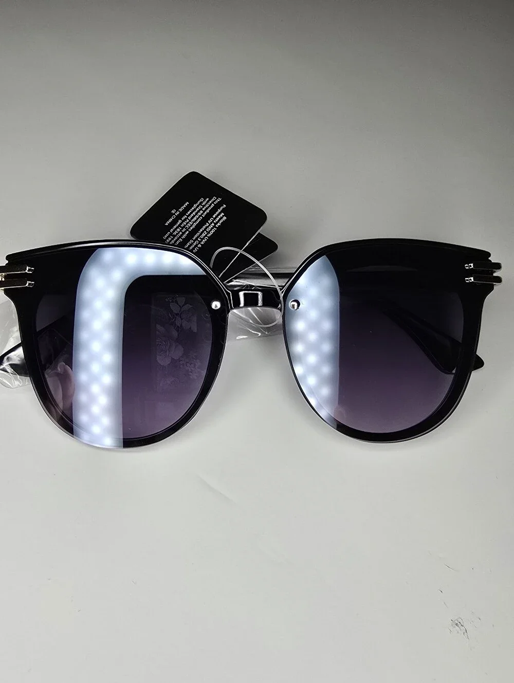 Womens Square Sunglasses Black Frame Dark Lens Gold Metal Accent NWT